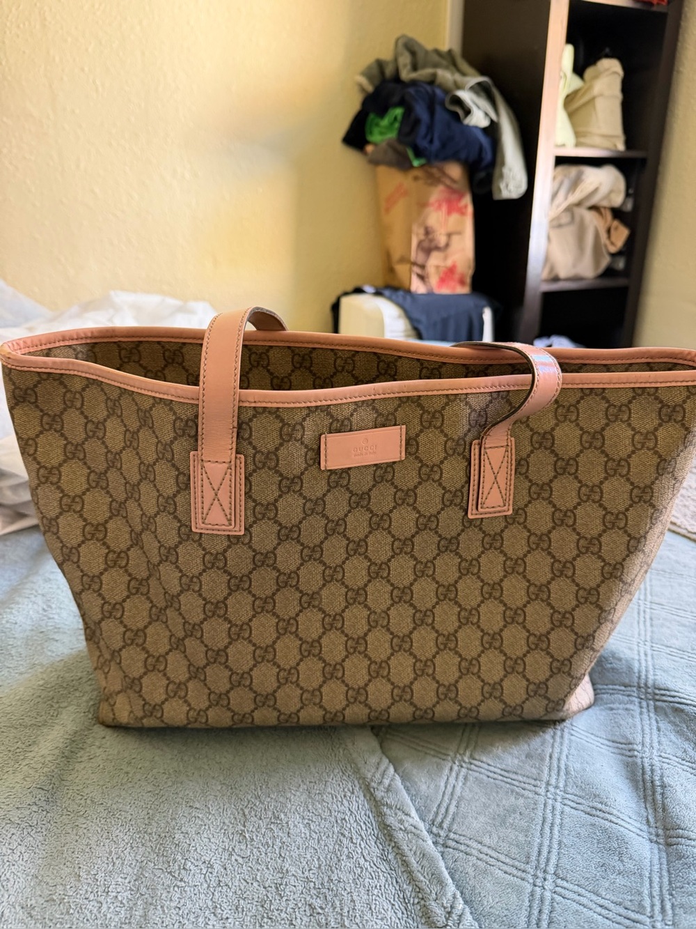 Gucci Beige GG Canvas Tote with Pink Trim